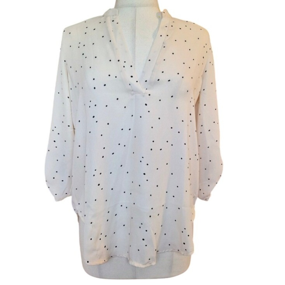 Lush Polka Dot Blouse Womens Small Cream Excellent Roll Tab V-Neck Chiffon Top
